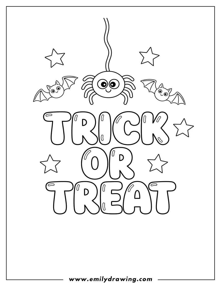 Printable coloring page of easy hand-lettered 'Trick or Treat' words with a hanging spider, bats, and stars for preschoolers