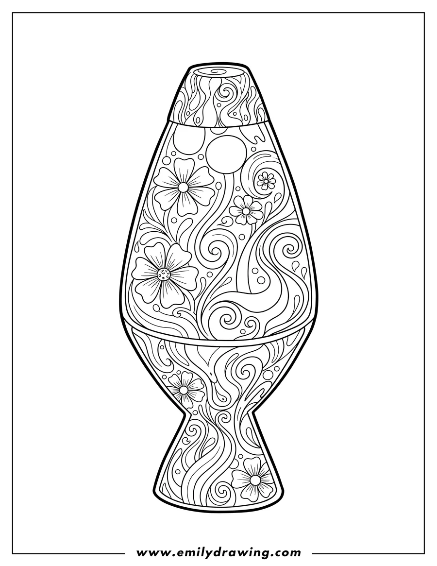 Doodle style coloring picture of trippy Lava Lamp with flowers and wavy patterns to color