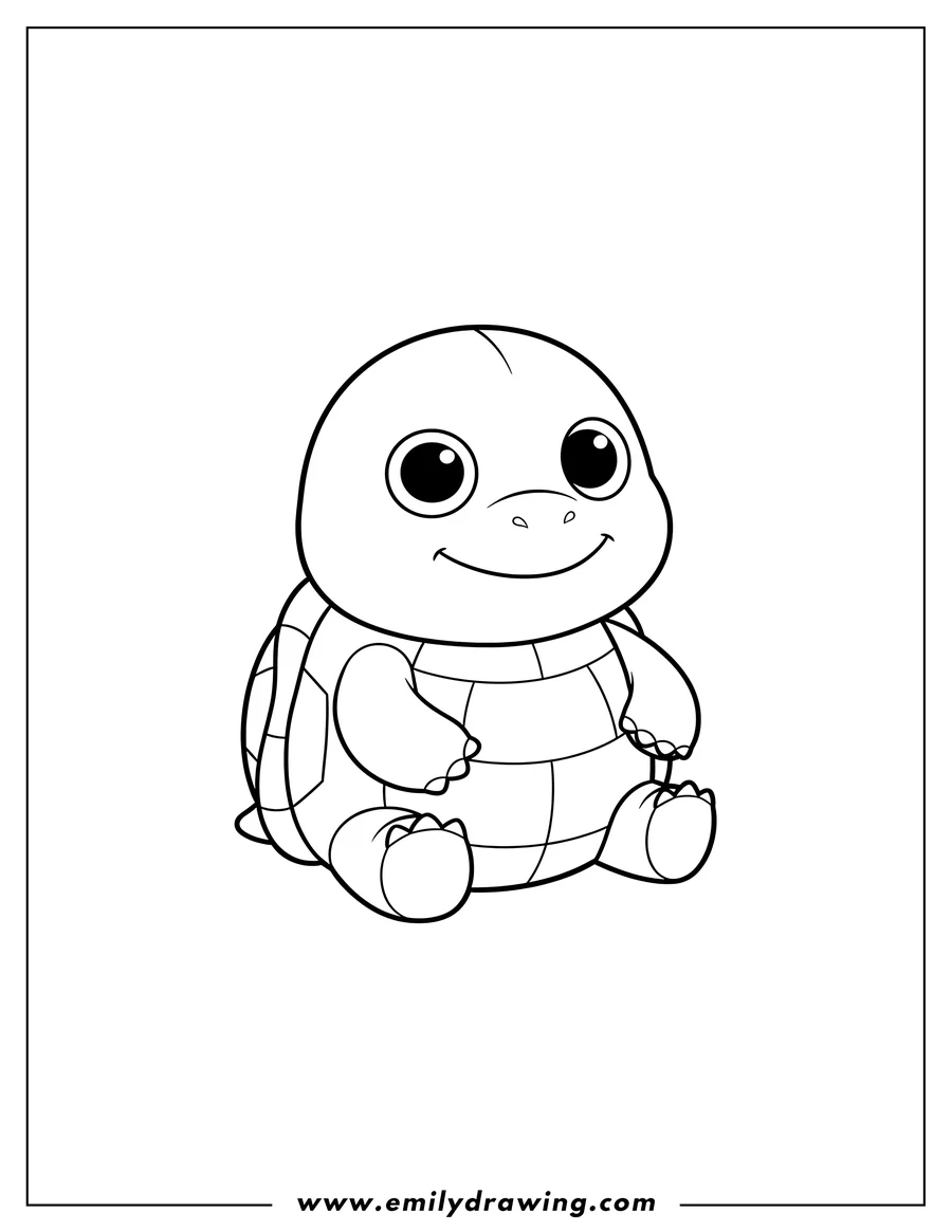 Vector style outline of beanie Boo Turbo Turtle sitting, smiling with big eyes