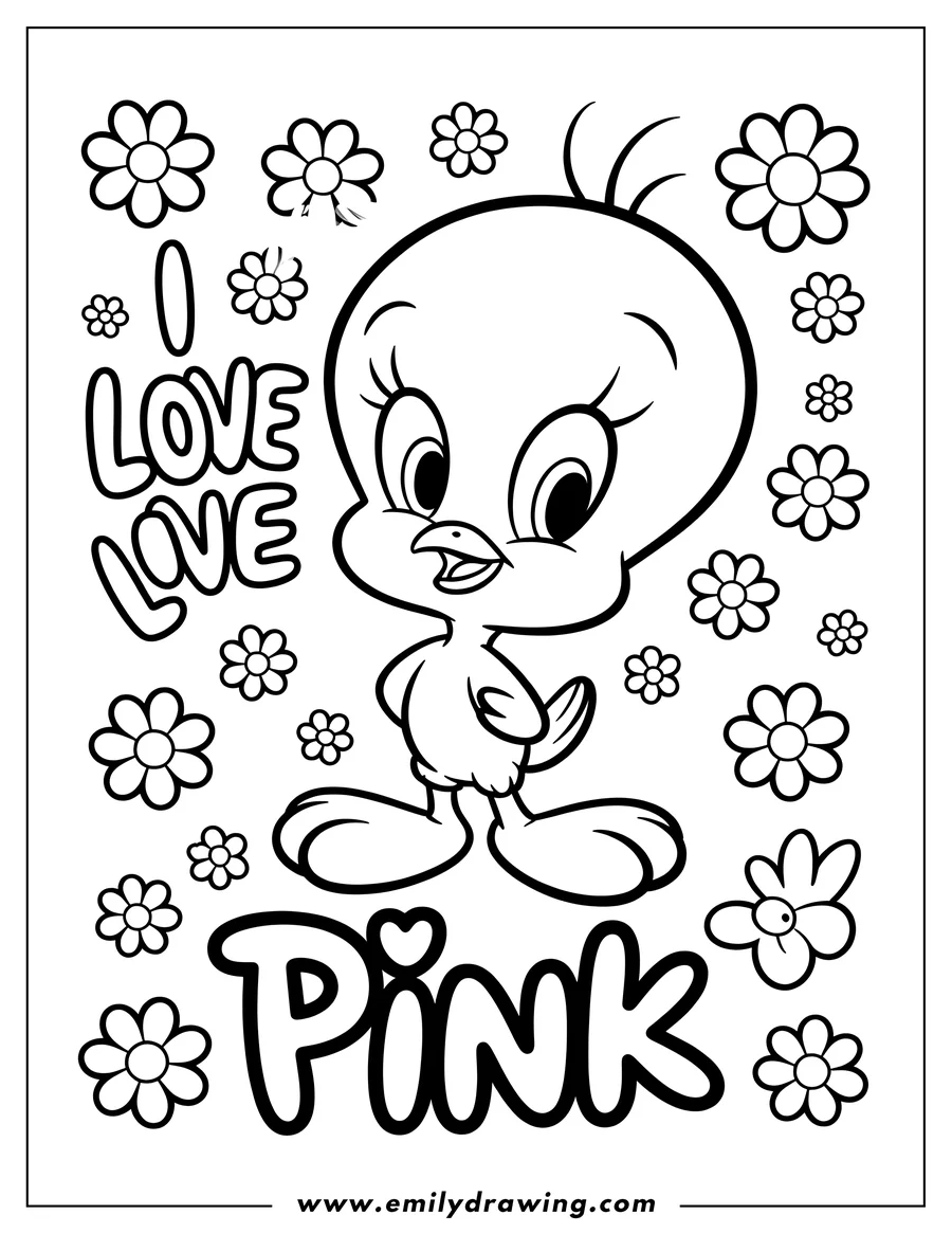 Black and white line art of tweety Bird