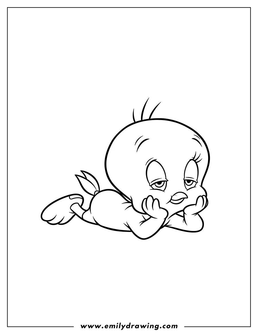 Doodle style coloring picture of tweety Bird lying down and resting chin on hands, cute pose