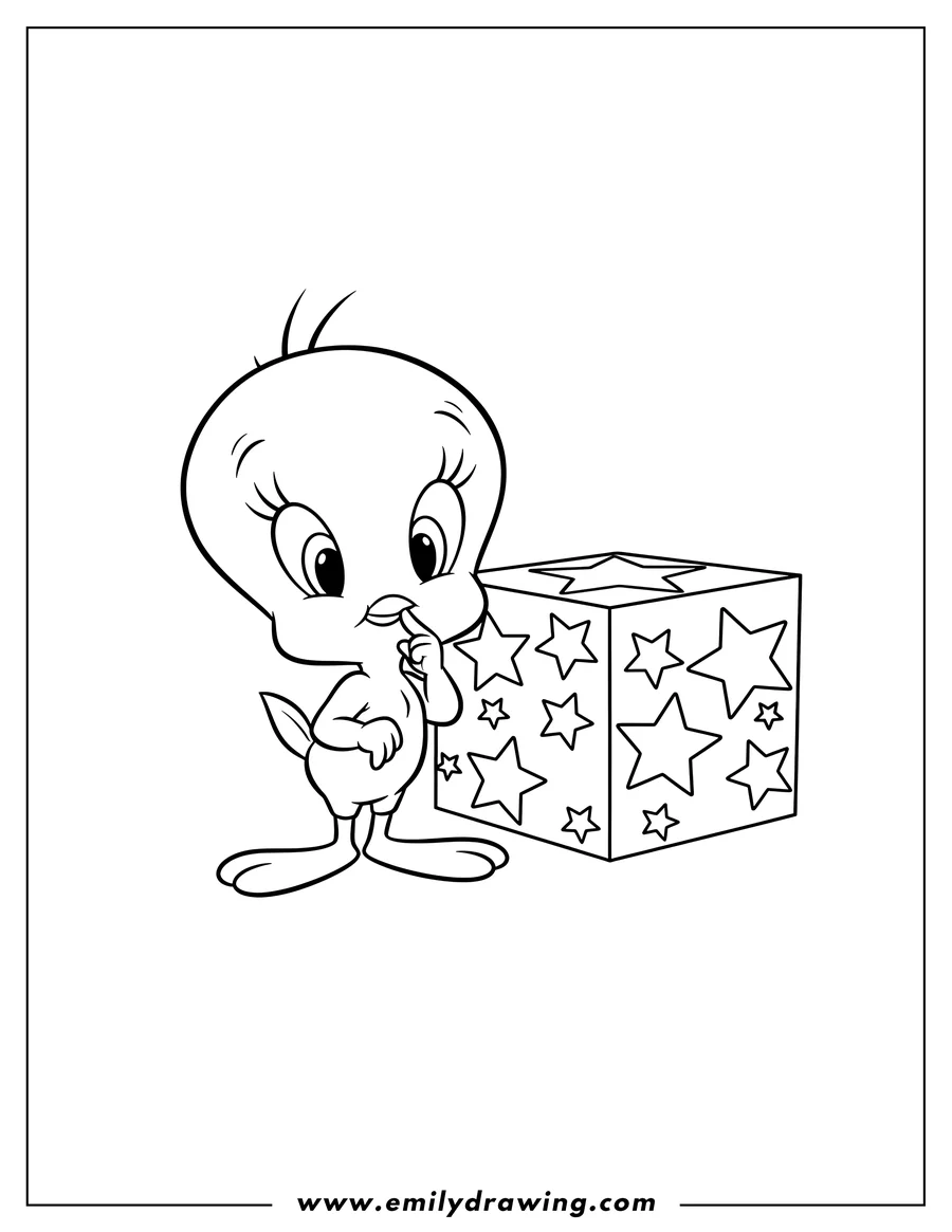 Printable coloring page of tweety Bird standing with a finger to its beak, next to a star-decorated box