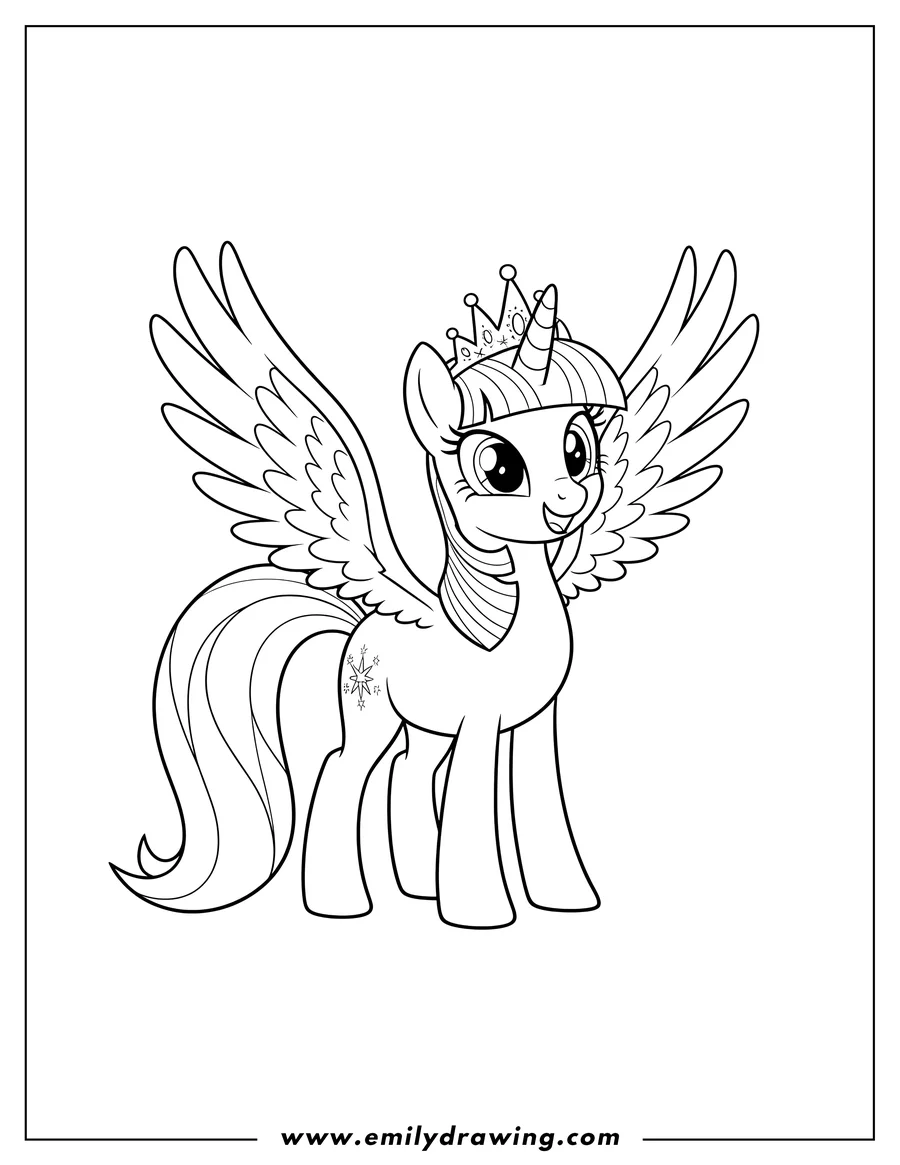 Coloring page for kids: twilight Sparkle Outline, happy alicorn standing
