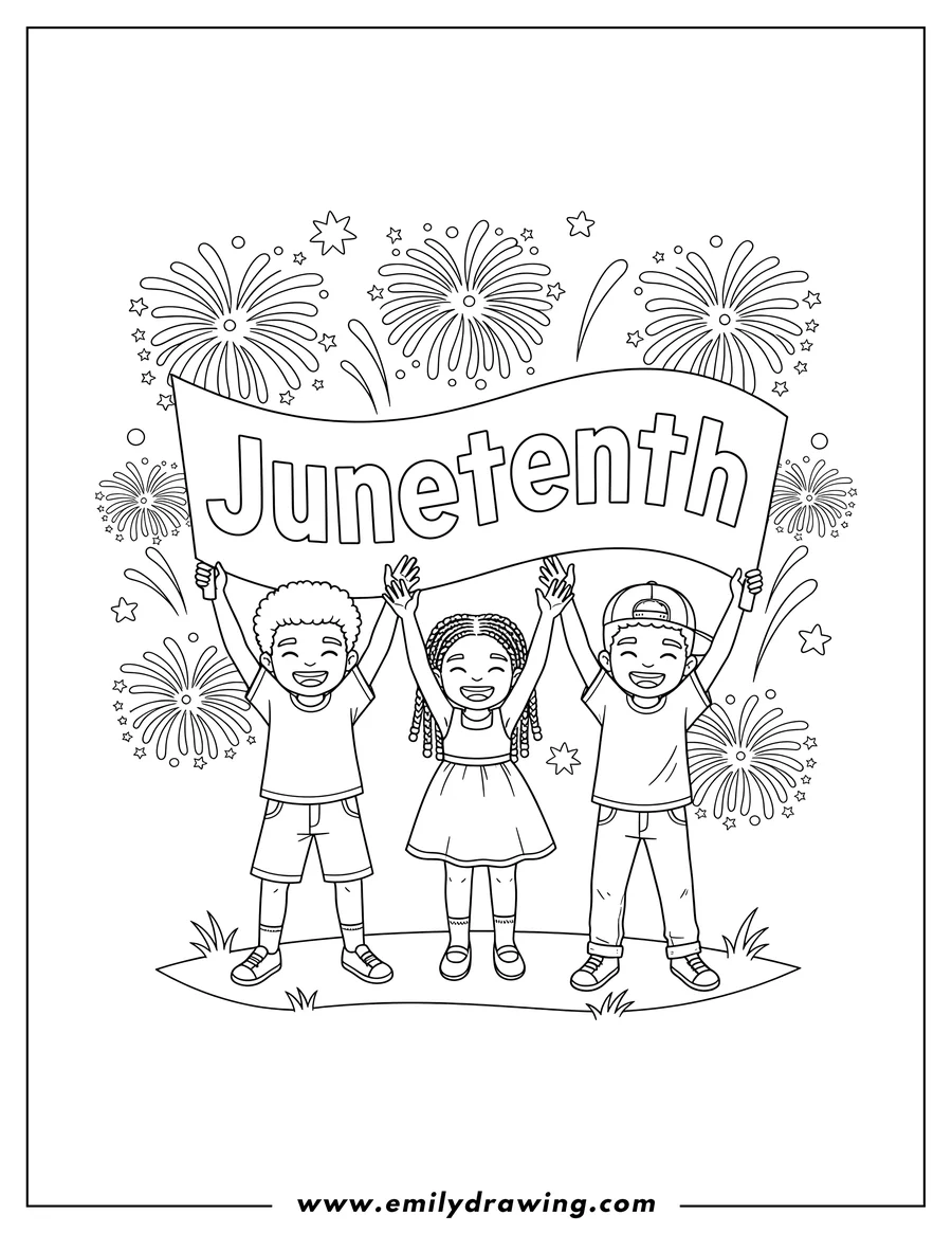 Clean line drawing: two boys and one girl smiling and raising a Juneteenth banner with a fireworks sky