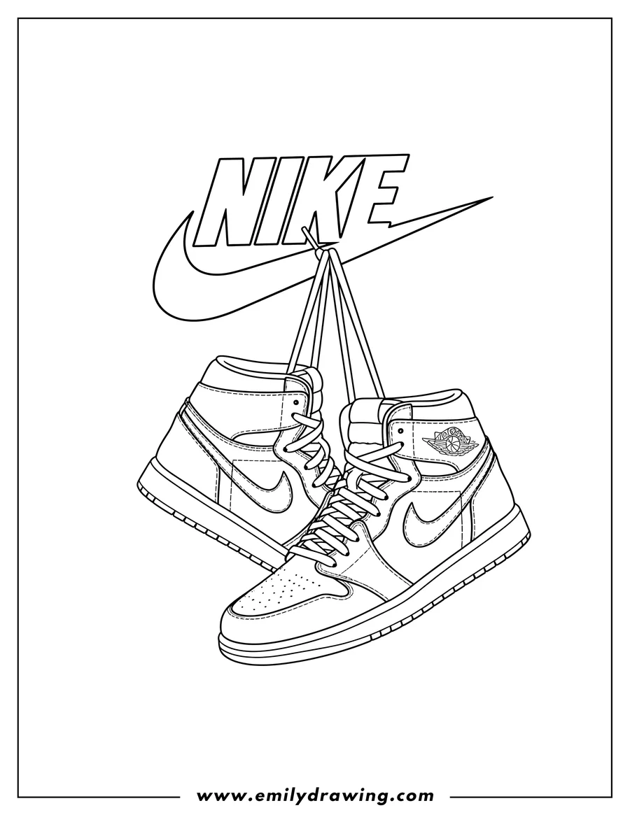 Black and white line art of two Nike Air Jordan sneakers hanging below a Nike sign