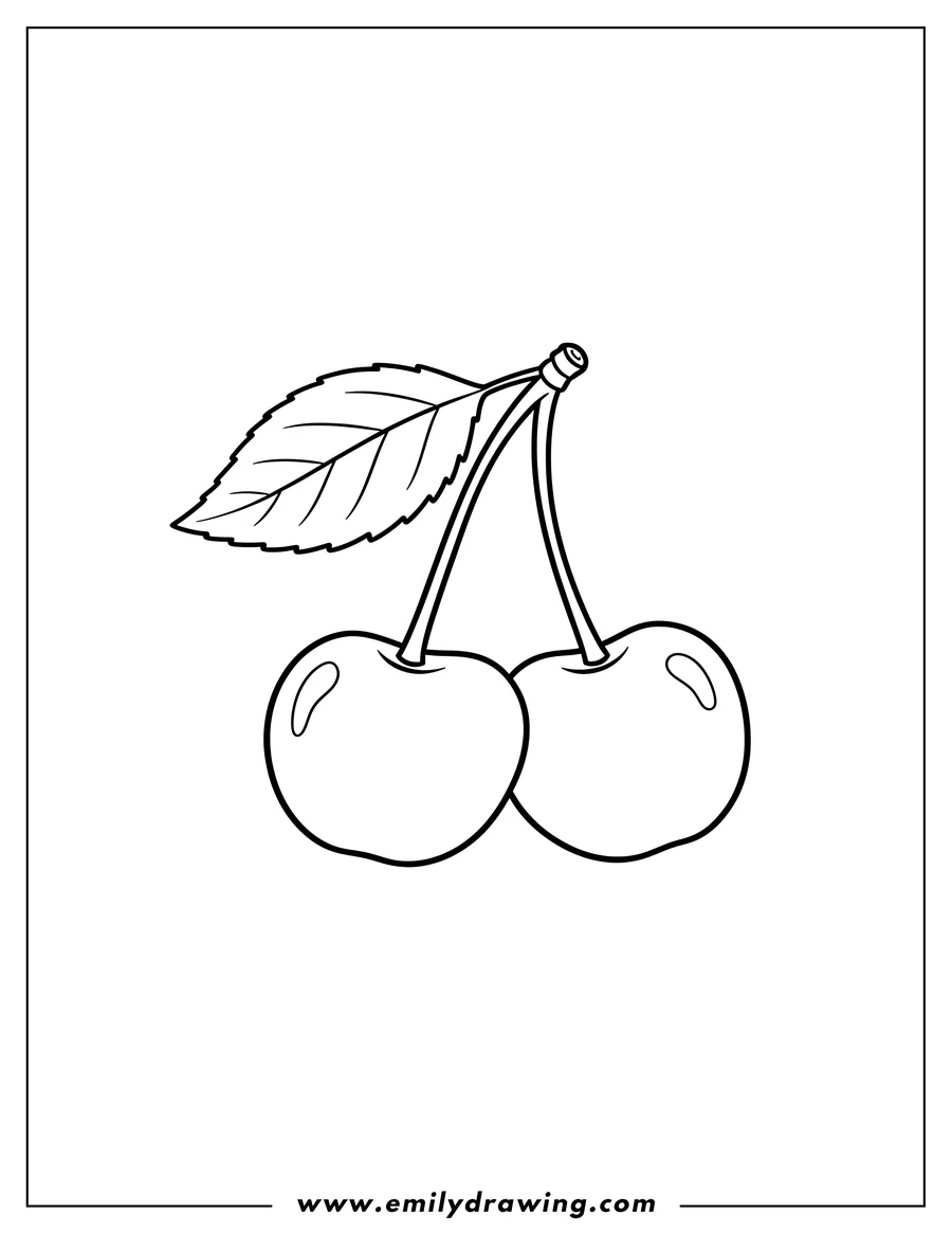 Simple sketch of two red cherries on a stem with a leaf to color