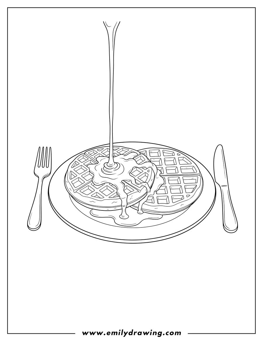 Printable line art of two waffles on a plate with a fork and knife, with syrup, coloring page