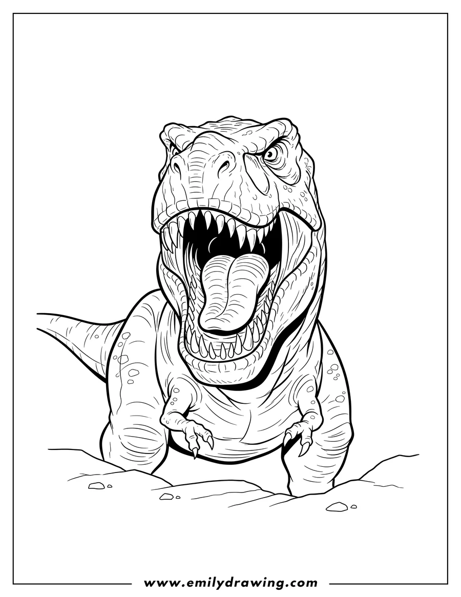 Clean line drawing: angry Tyrannosaurus Rex with its mouth wide open, showing sharp teeth