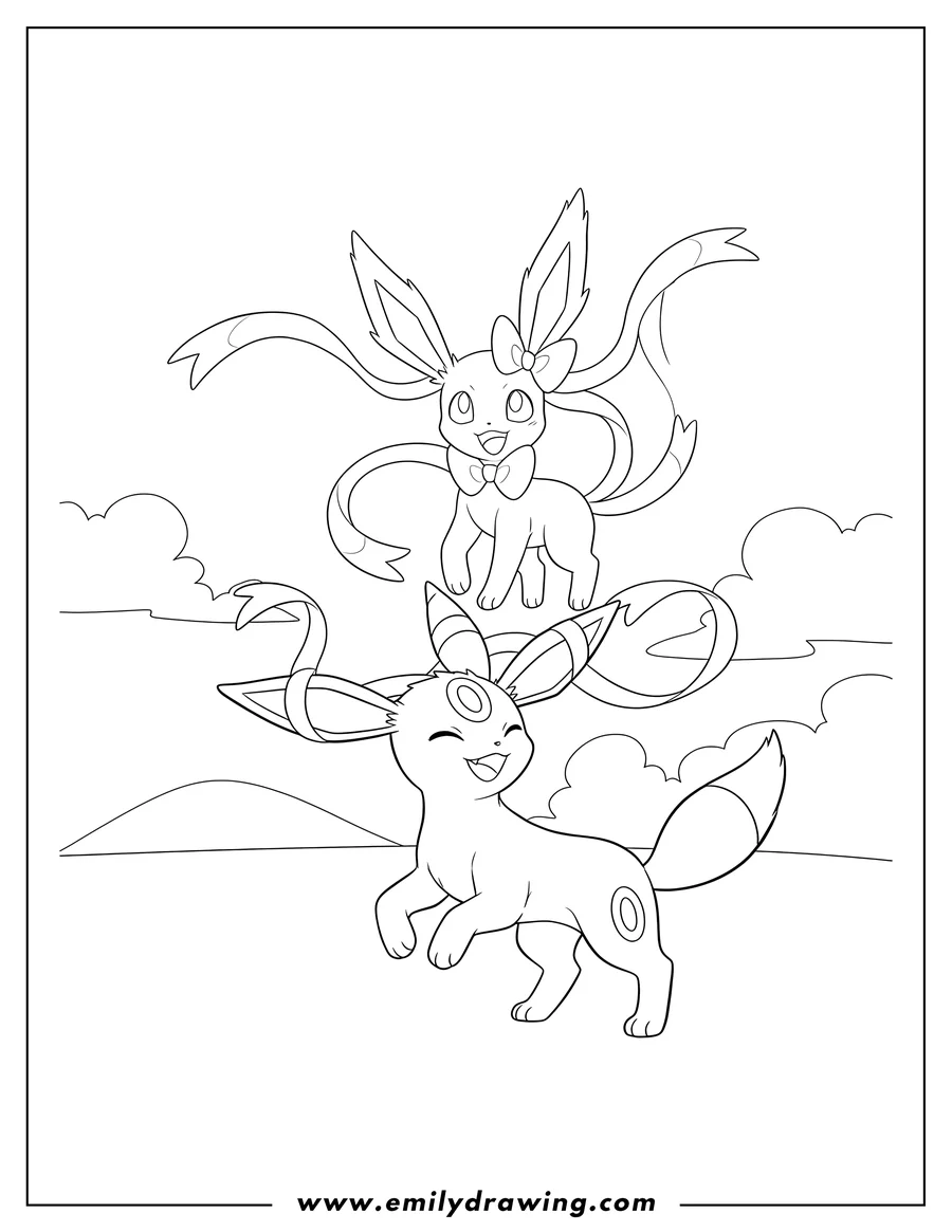 Printable coloring page of umbreon and Sylveon playing, with Sylveon floating