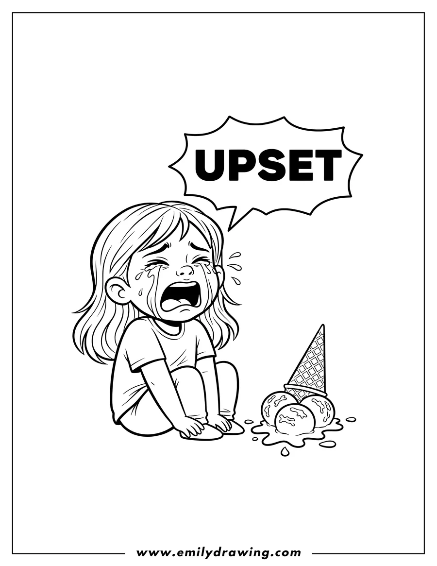 Vector style outline of upset Girl crying with mouth open and an 'UPSET' speech bubble, next to an upside-down ice cream cone