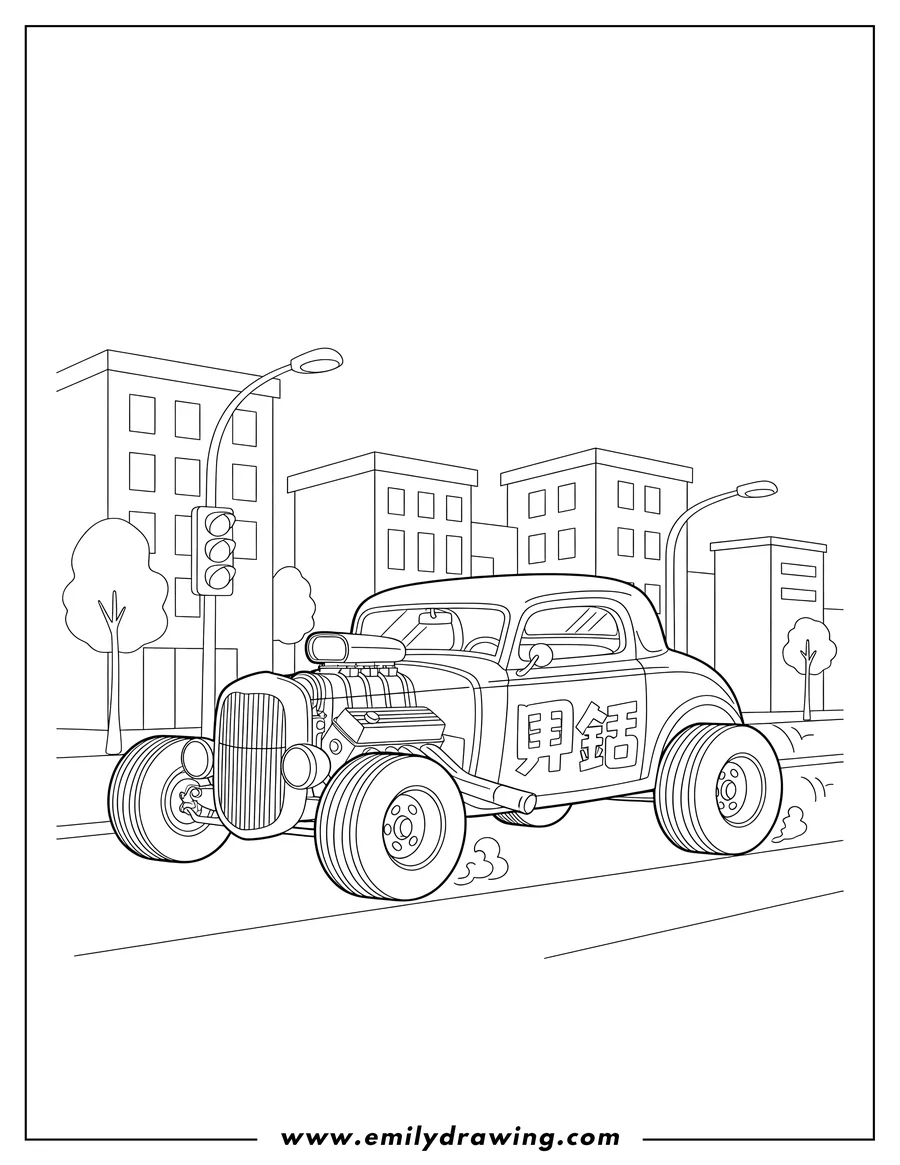 Coloring page for kids: urban Hot Rod Coupe With Exposed Engine, with large, chunky tires and Chinese characters on its side, Driving Through City Streets