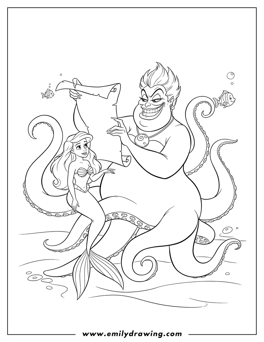 Clean line drawing: easy Ursula Making Contract With Ariel, with Ursula holding a scroll and Ariel standing on her tentacle
