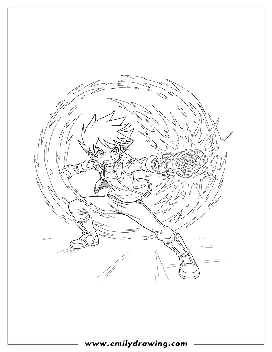 Free printable coloring sheet of valt Aoi making an intense launch of Beyblade Valtryek with a powerful spark