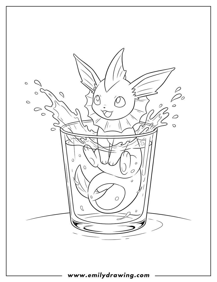 Clean line drawing: vaporeon playfully sitting in a glass of water, splashing