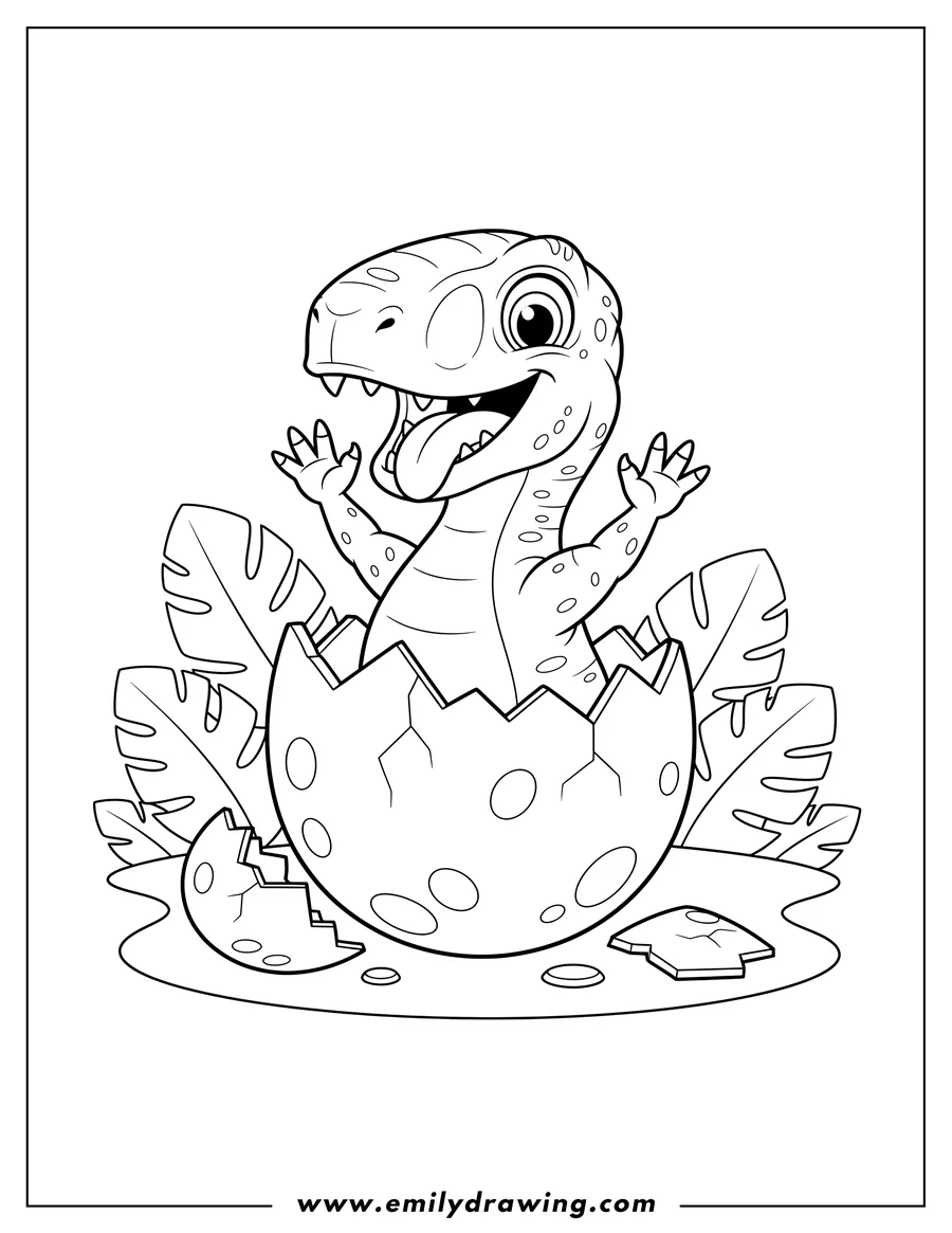 Simple sketch of easy Velociraptor hatching from a cracked dinosaur egg with its tongue out and arms raised to color