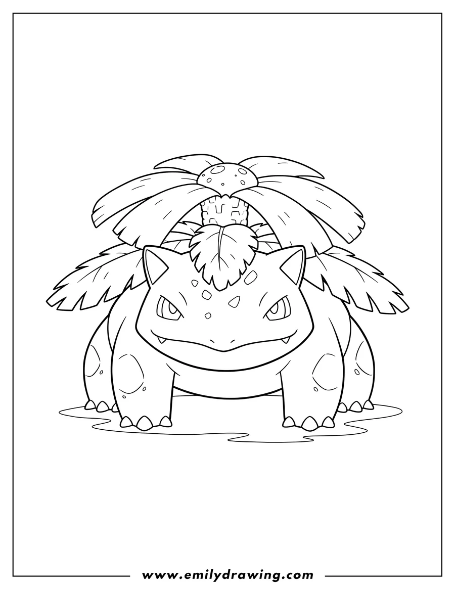 Black and white line art of easy Venusaur, facing forward, with a large flower on its back