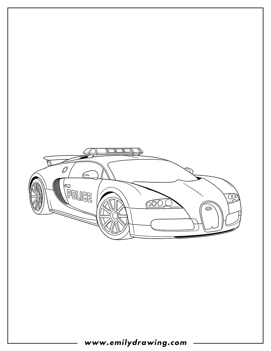 Free printable coloring sheet of bugatti Veyron Interceptor Police Car with a light bar and 'POLICE' on the side