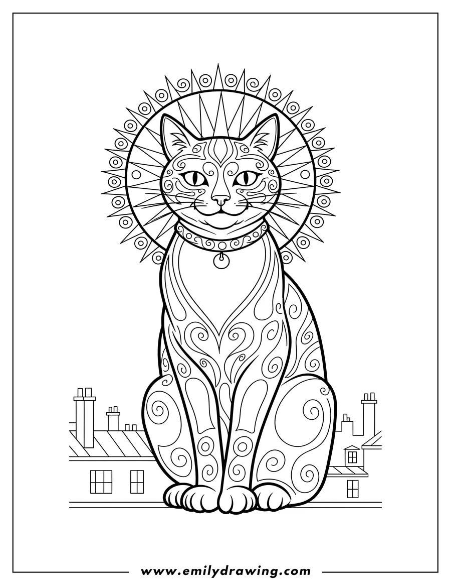 Vector style outline of vintage Chat Noir Cabaret Poster featuring a sitting cat with a decorative halo