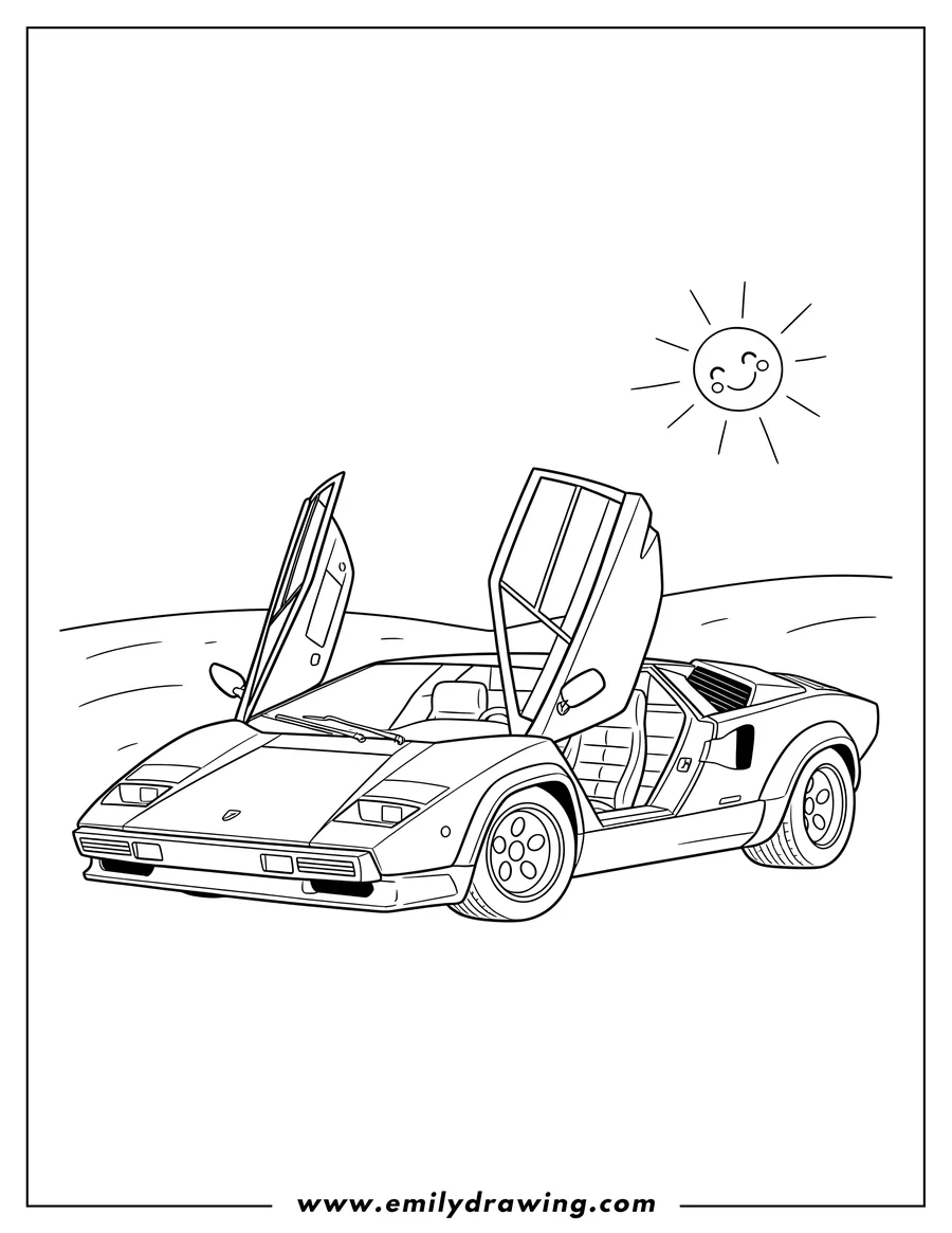 Printable line art of vintage Lamborghini Countach with open doors