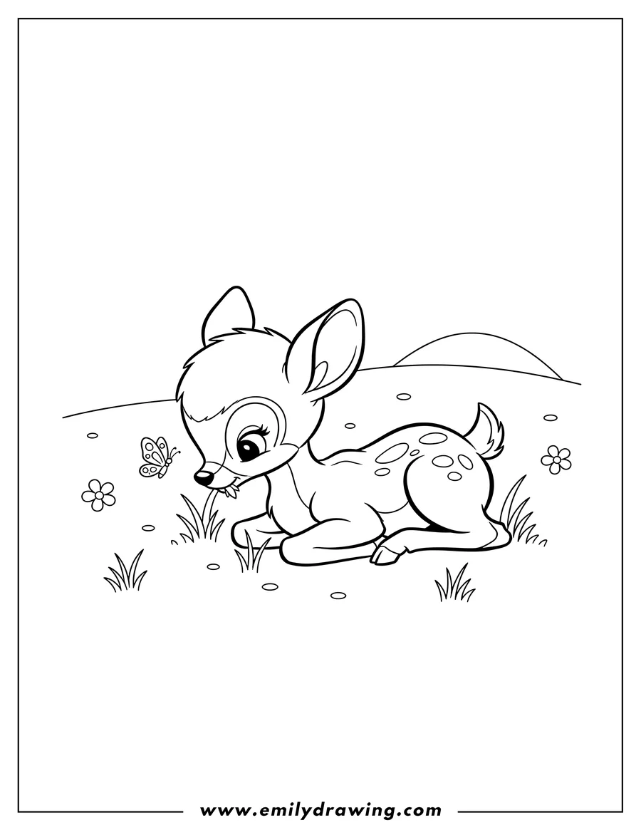 Vector style outline of easy Vintage Fawn Lying Down Eating Grass with a Butterfly