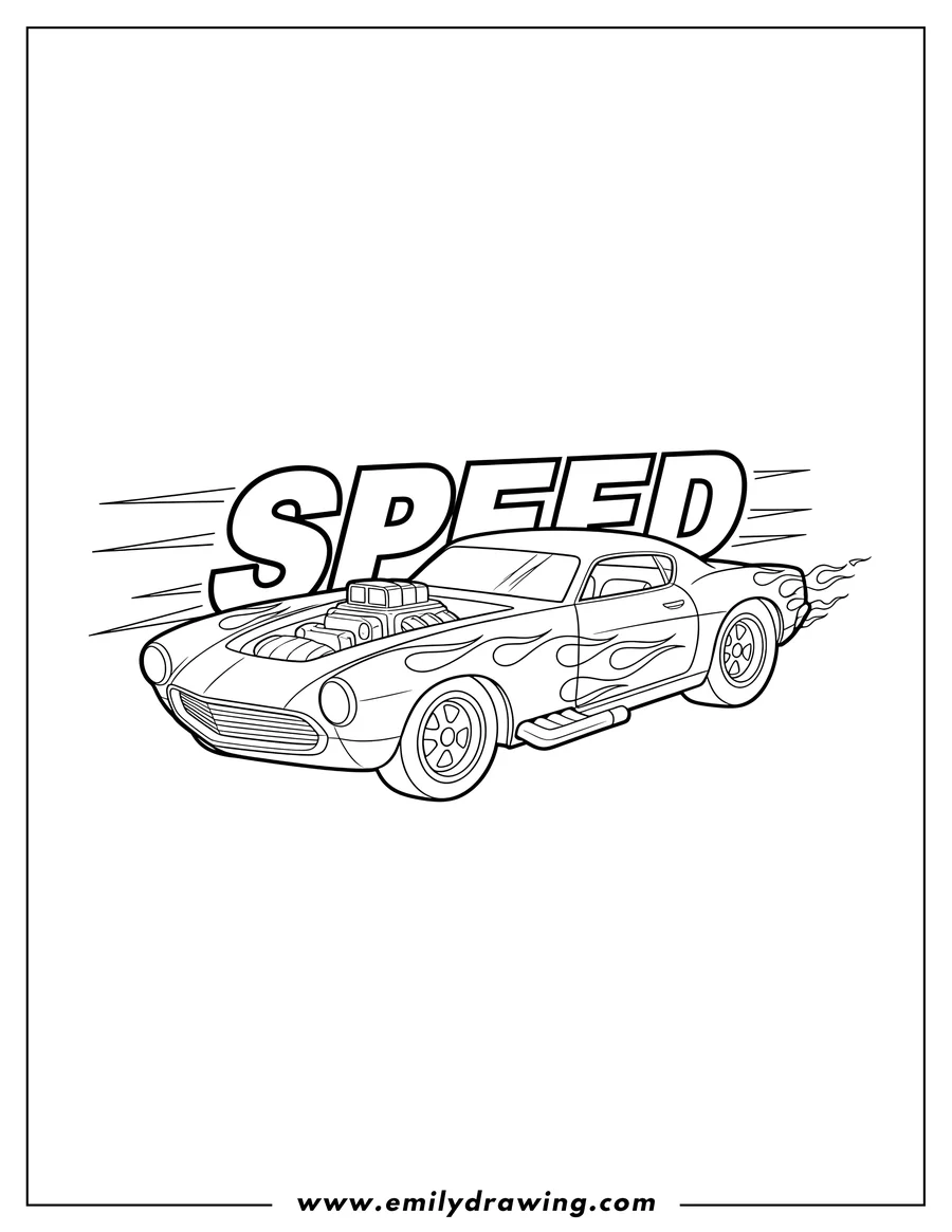 Doodle style coloring picture of vintage Hot Wheels race car with flames and SPEED text