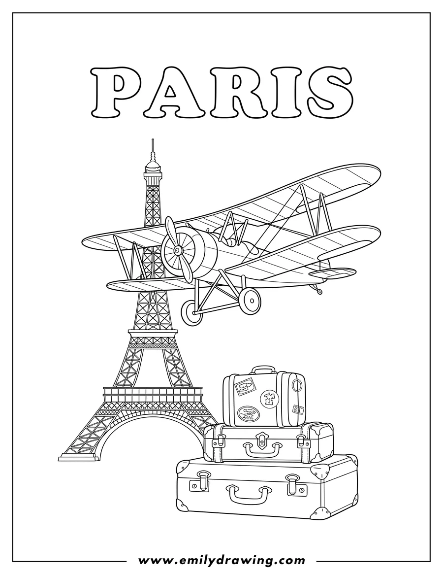 Coloring page for kids: vintage Paris Travel Scene with PARIS text above, Eiffel Tower, flying Biplane, and foreground Suitcases
