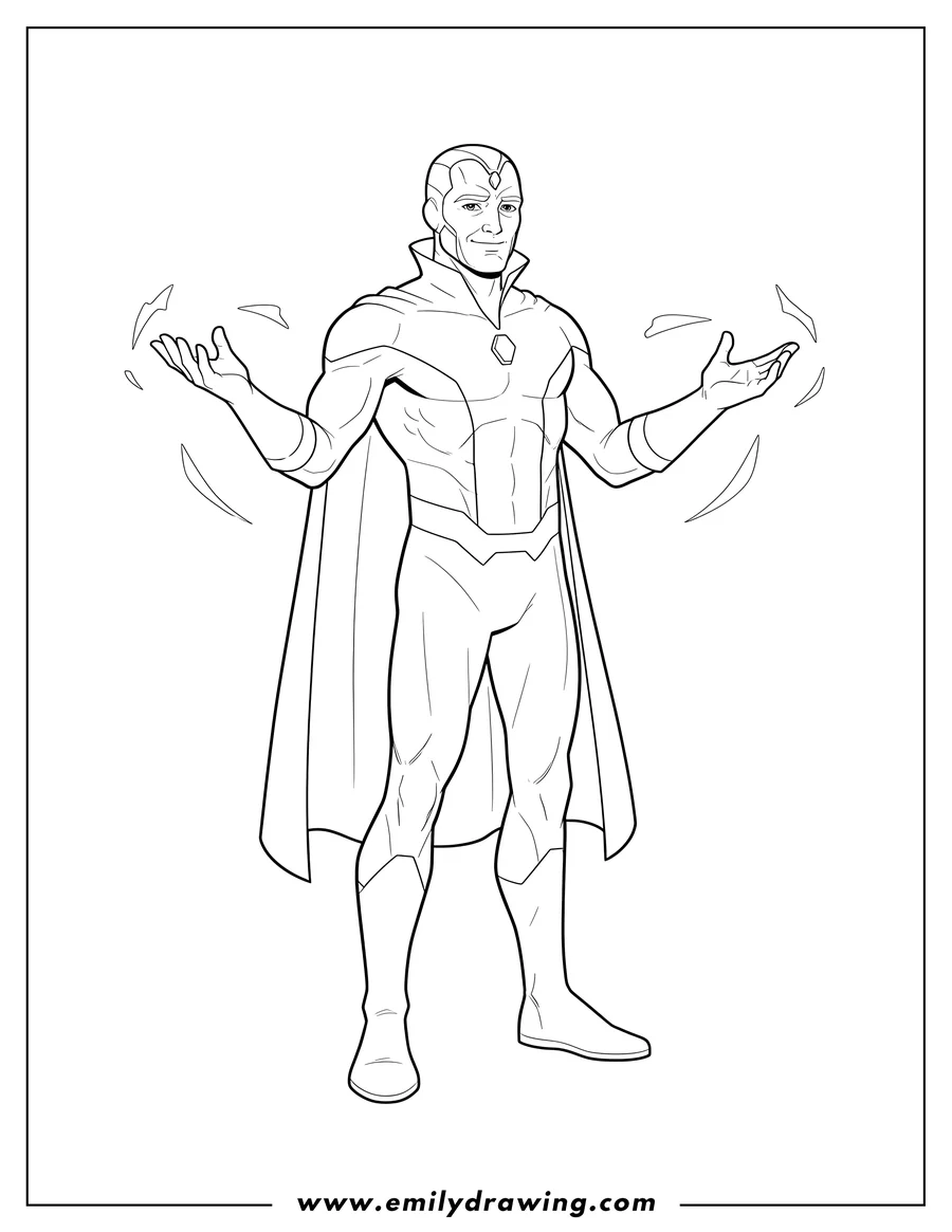 Free printable coloring sheet of vision Superhero From Avengers, standing with open hands
