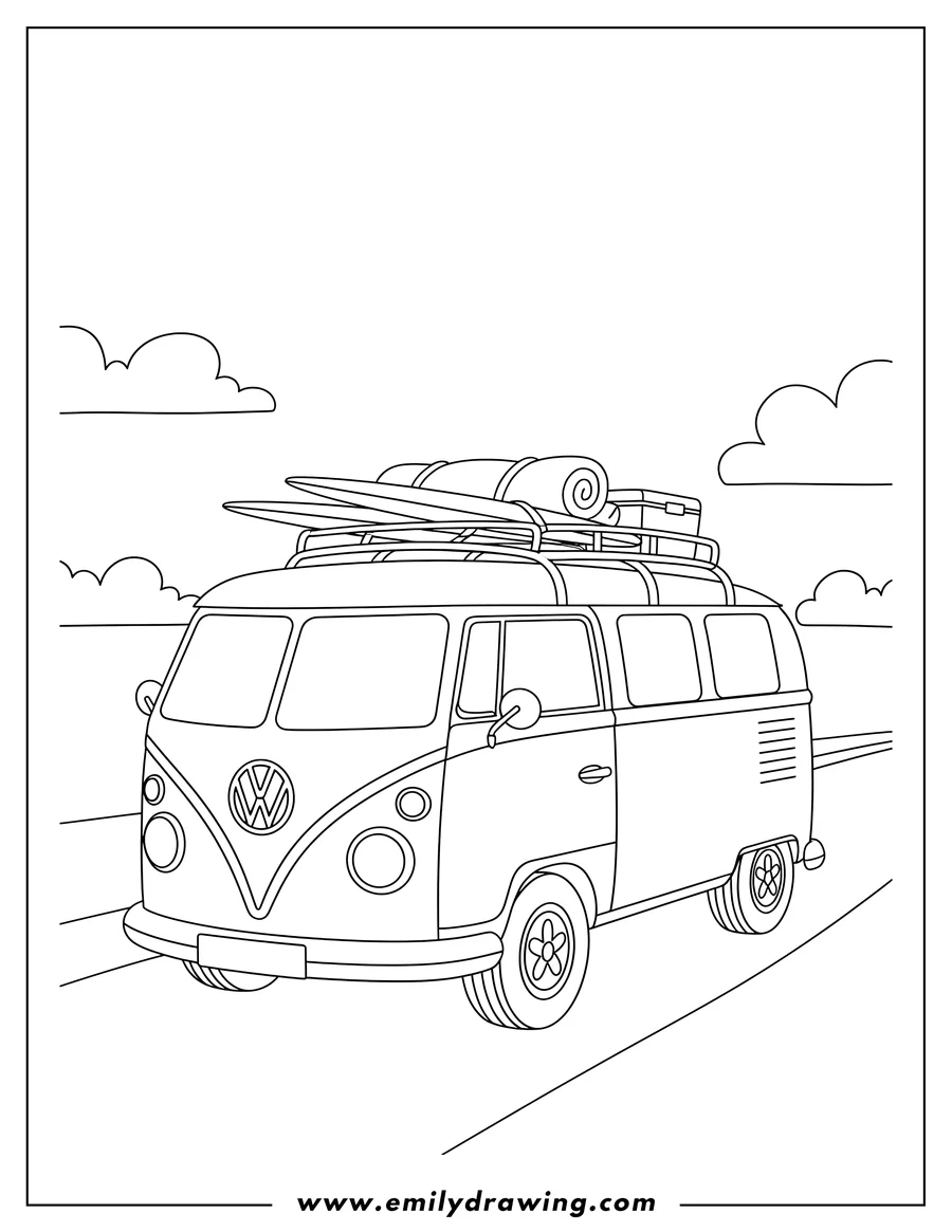 Free printable coloring sheet of easy Volkswagen Camper Van with a roof rack