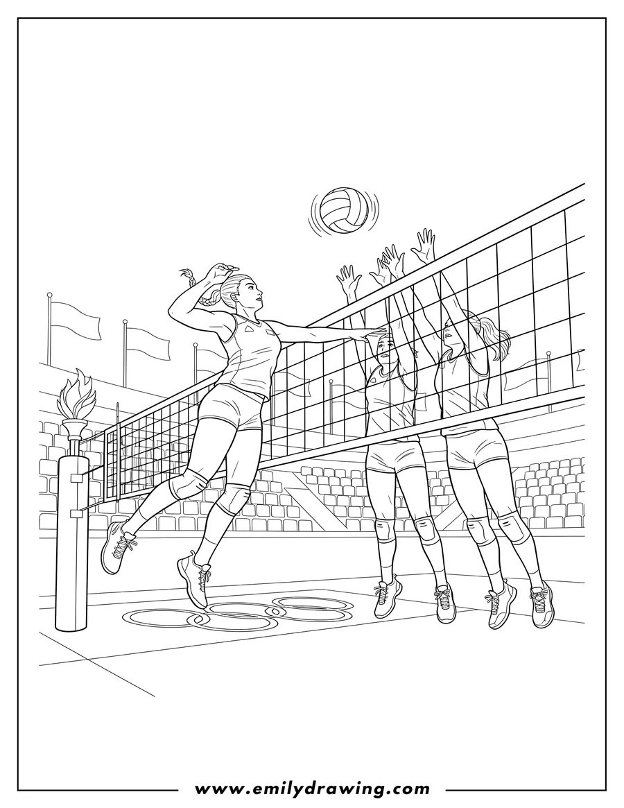 Vector style outline of volleyball Players Competing Olympics, spiking and blocking the ball at the net