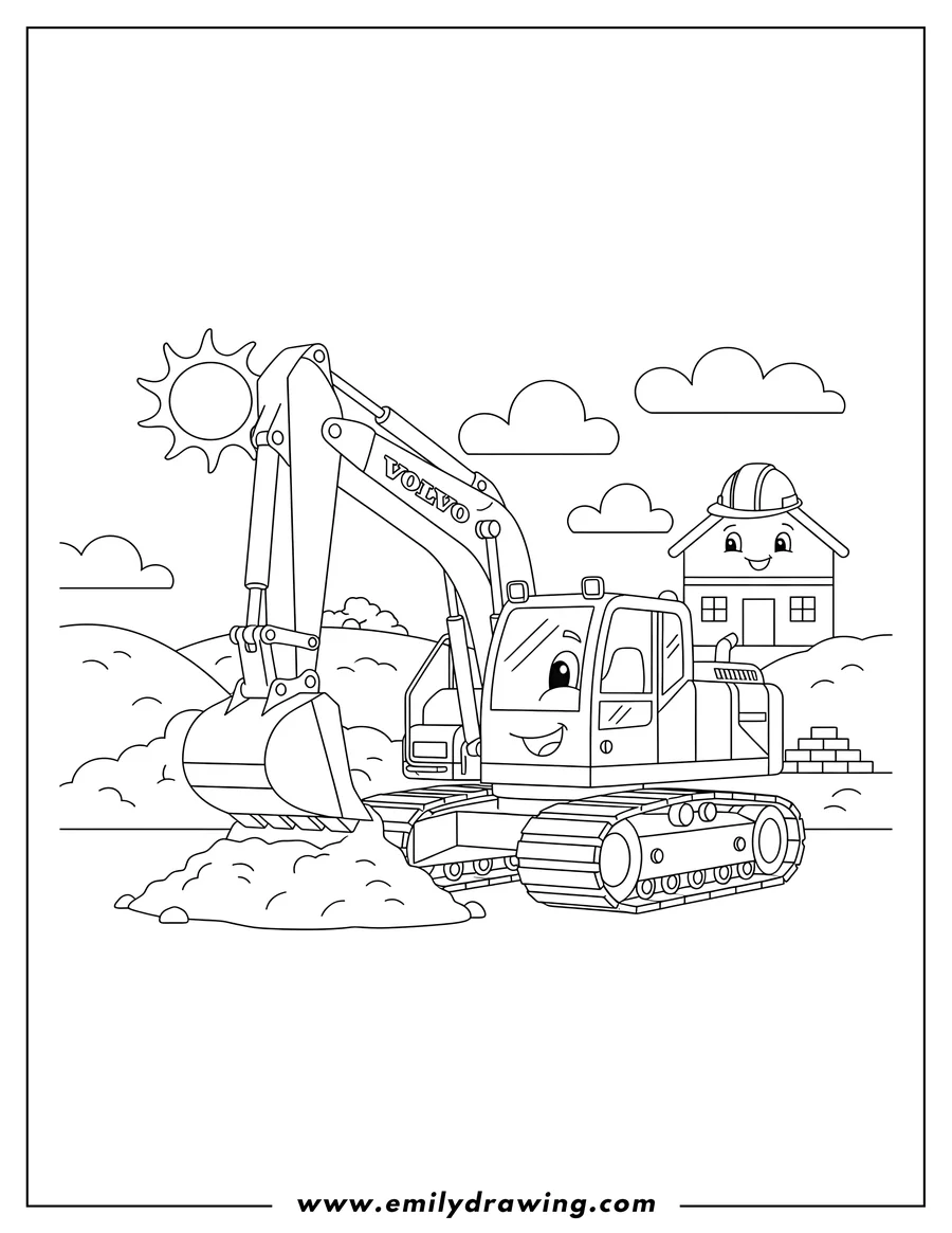 Outline drawing of volvo excavator digging on a construction site