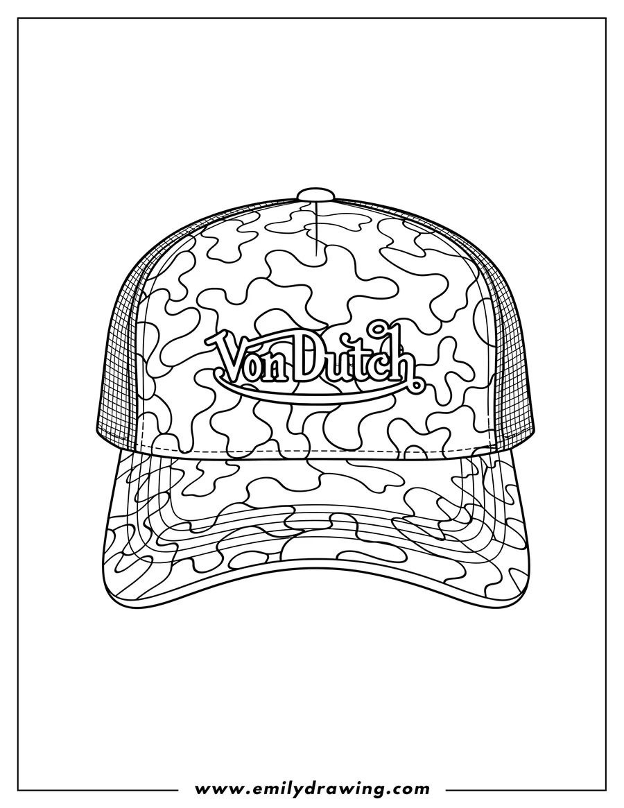 Black and white line art of easy Von Dutch Cap with a camouflage pattern