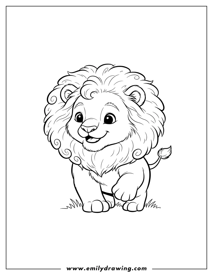 Coloring page of easy Walking cute baby lion with a fluffy mane