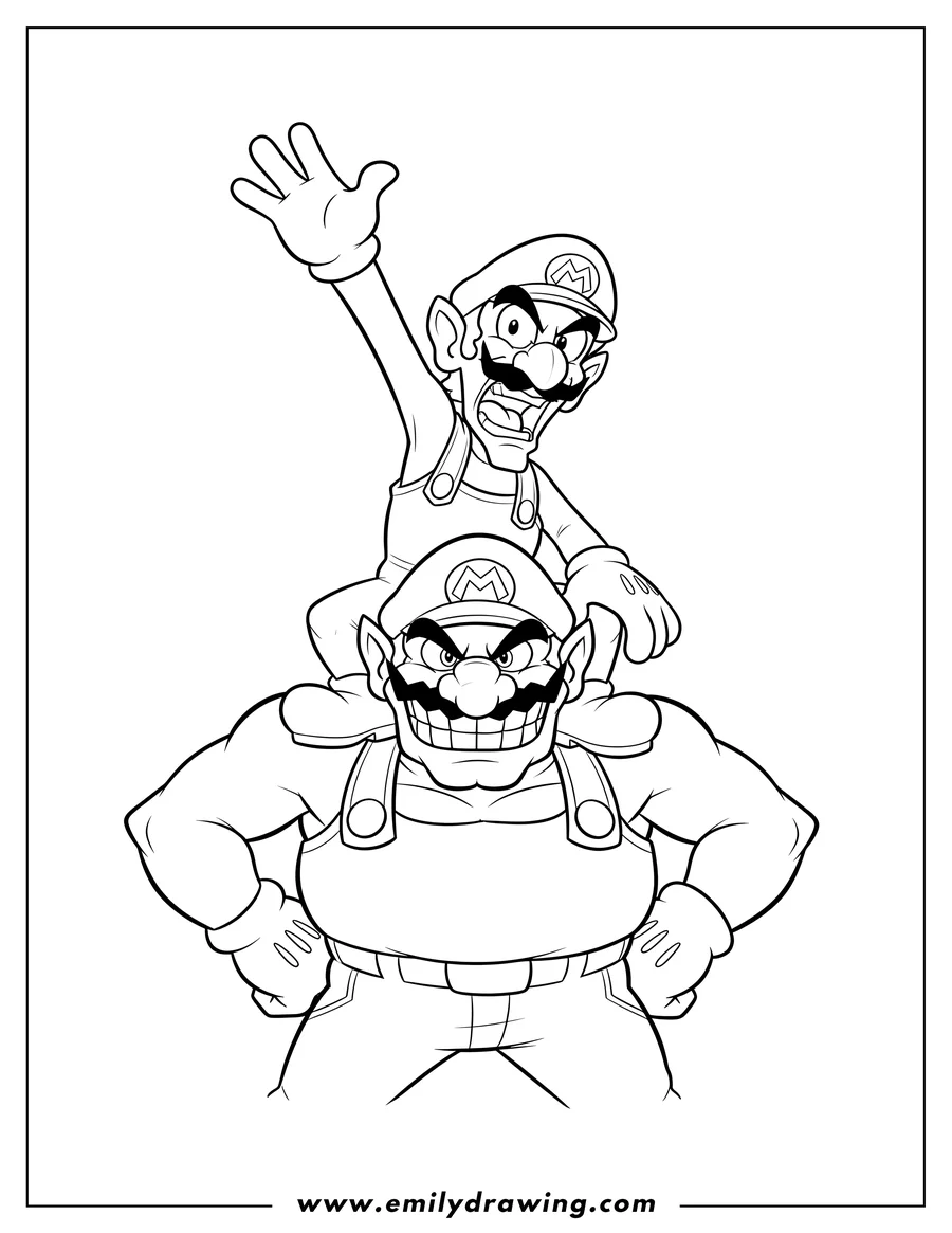 Coloring page of waluigi Waving And Shouting On Wario's Shoulders