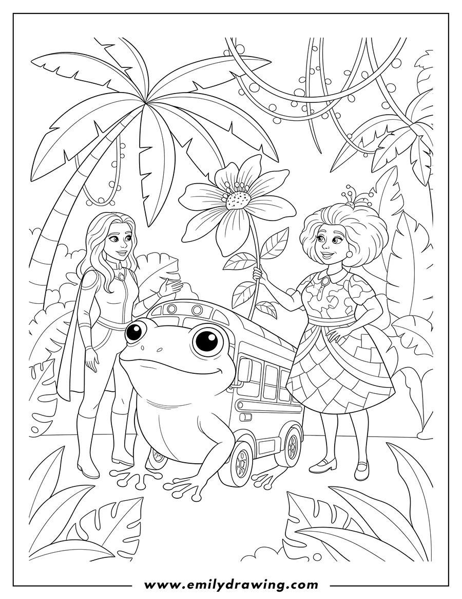 Doodle style coloring picture of wanda and Ms. Fizzle in the jungle with the Magic School Bus transformed into a frog, and Ms. Fizzle holding a large flower