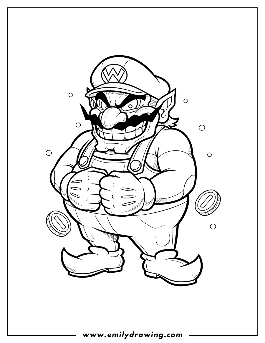 Free printable coloring sheet of easy Wario wearing his cap with a 'W', with a large mustache and an evil smile