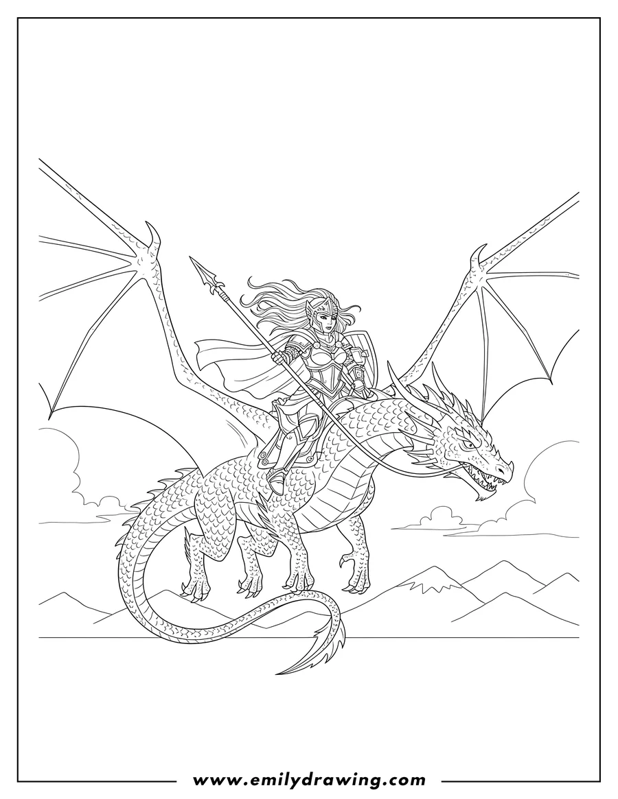 Linear illustration of refined Scene: Warrior Woman Riding Flying Dragon