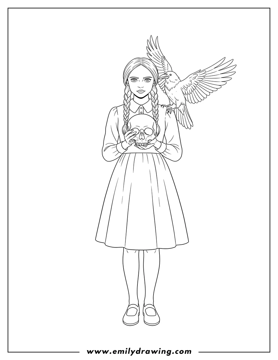 Linear illustration of wednesday with braided pigtails holding skull with both hands and crow on her right shoulder