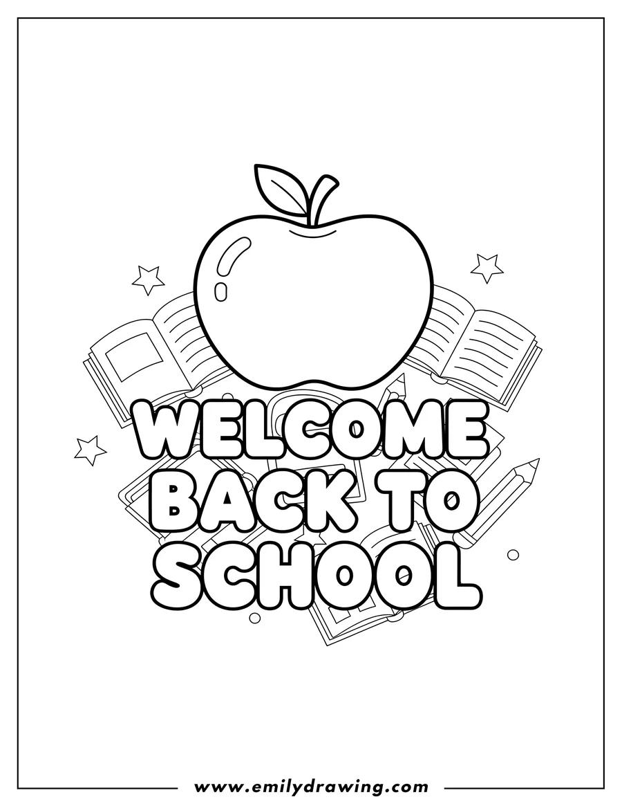 Doodle style coloring picture of easy Welcome Back To School With Apple outline coloring page, in bold bubble letters with the apple on top