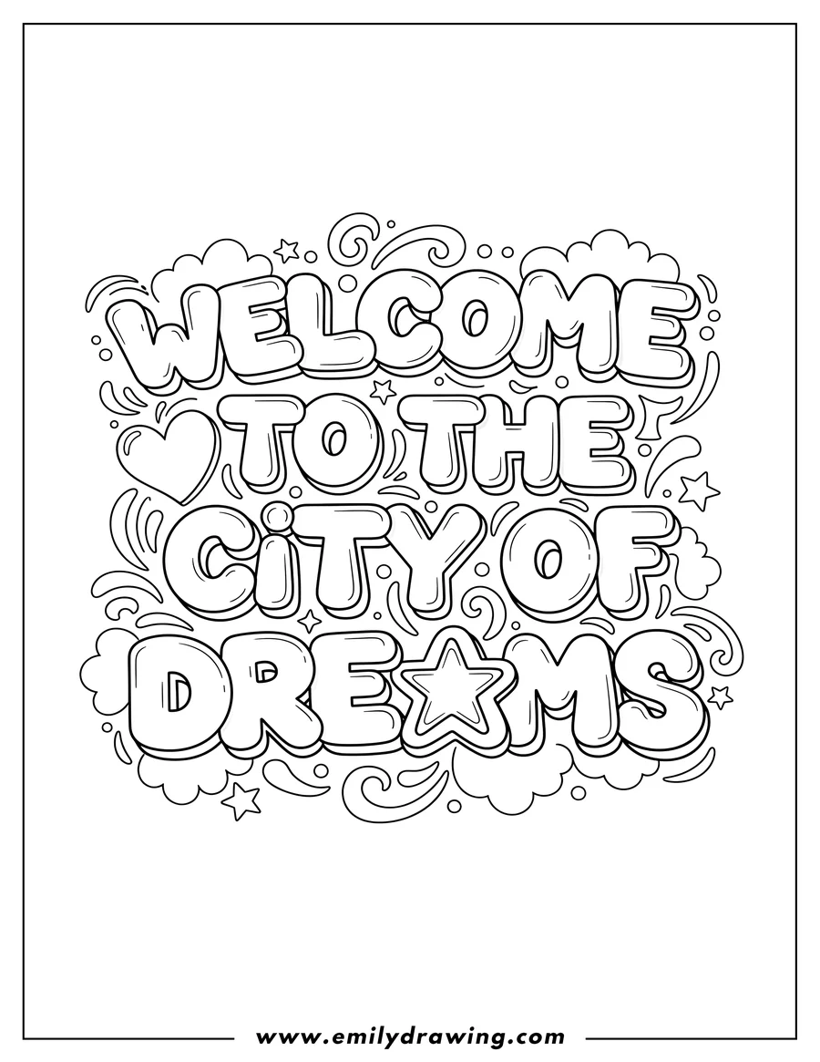 Clean line drawing: welcome To The City Of Dreams graffiti with 3D letters, a heart, and a star