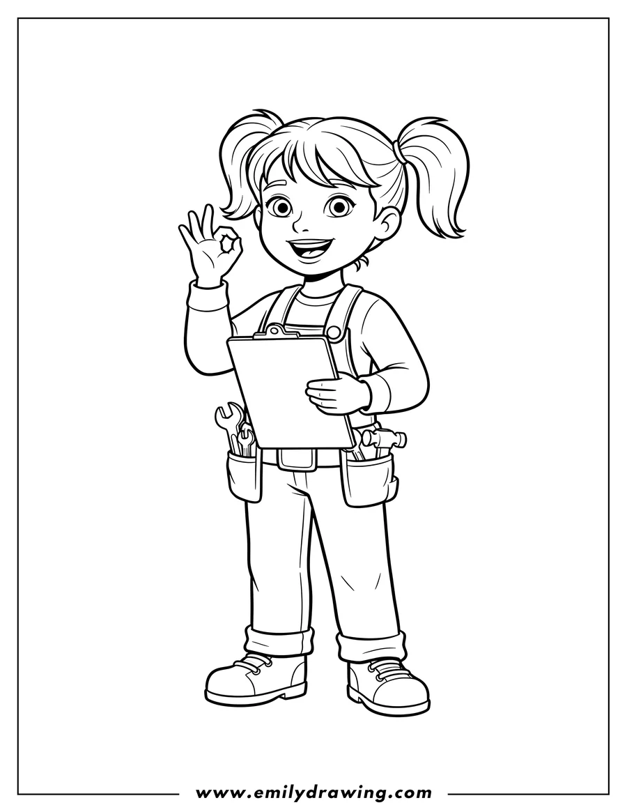 Coloring page for kids: wendy smiling and making an 'okay' gesture, holding a clipboard and tools