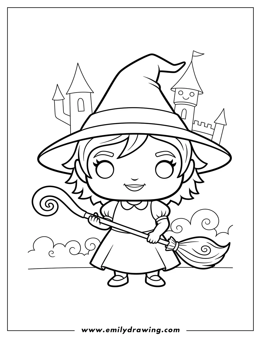 Coloring page for kids: wicked Funko Pop Elphaba Preschoolers holding a broom