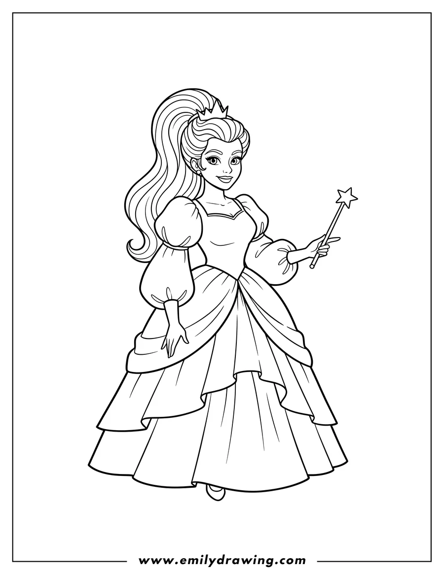 Outline drawing of easy Wicked Glinda in a puffy-sleeved dress with a high ponytail