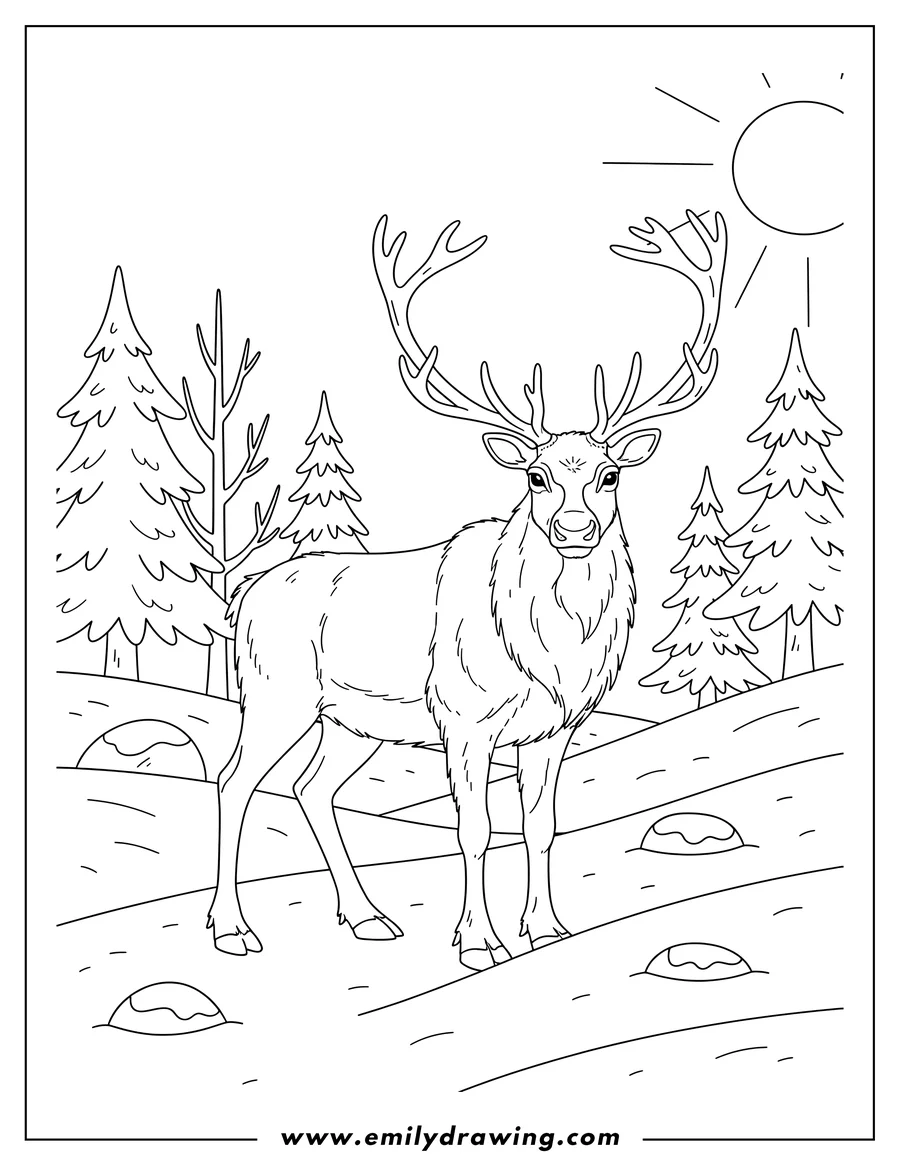 Vector style outline of wild Reindeer Standing with antlers and shaggy fur in snow