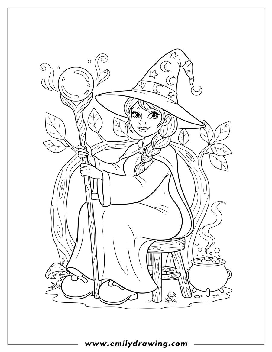 Clean line drawing: witch with a pointy hat sitting and holding a staff topped with a crystal ball