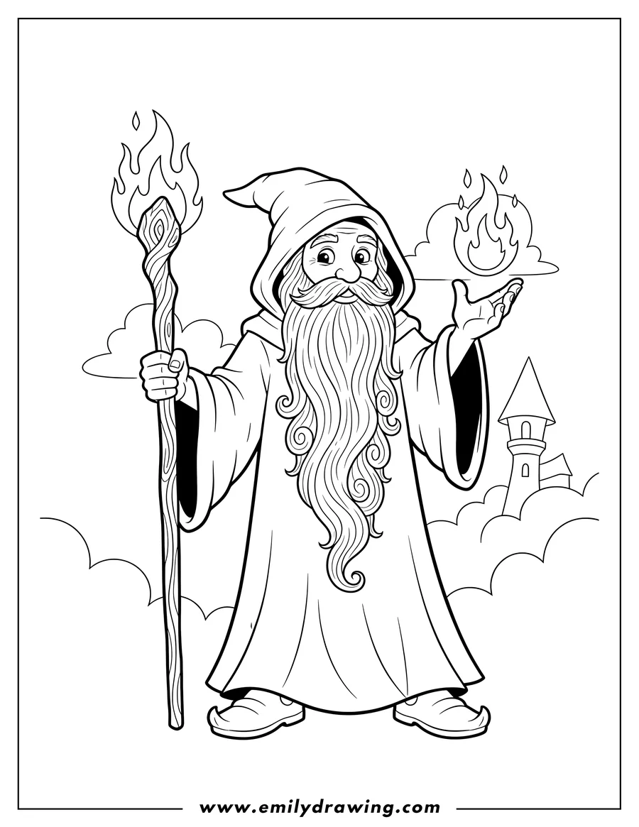 Doodle style coloring picture of wizard with a long beard and hooded robe, holding a staff and a flame, outline