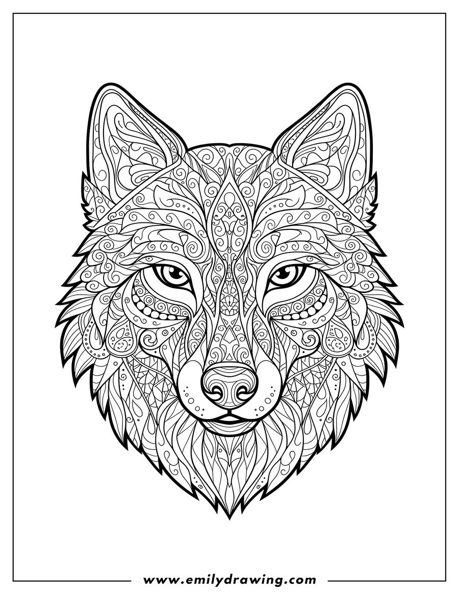 High quality printable wolf Head Zentangle, front-facing, coloring page for coloring