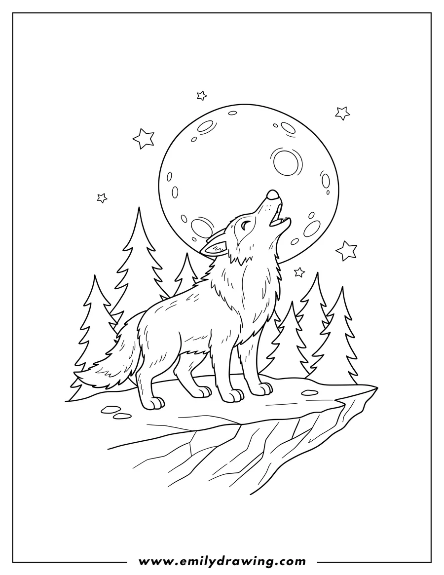 Printable line art of wolf standing and howling at a large full moon on a rocky ledge with pine trees