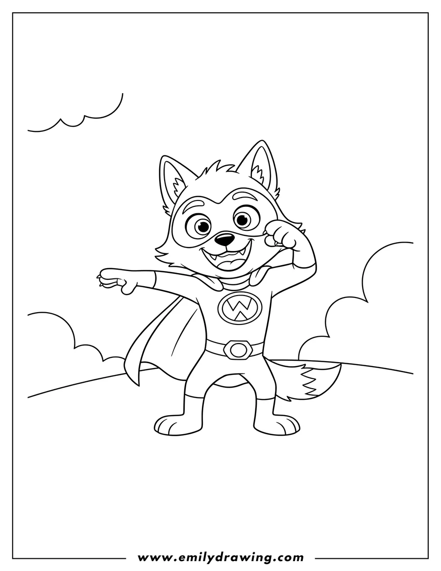 Free to print drawing of wolfie Hauntley in a playful pose, smiling widely, outline for preschoolers