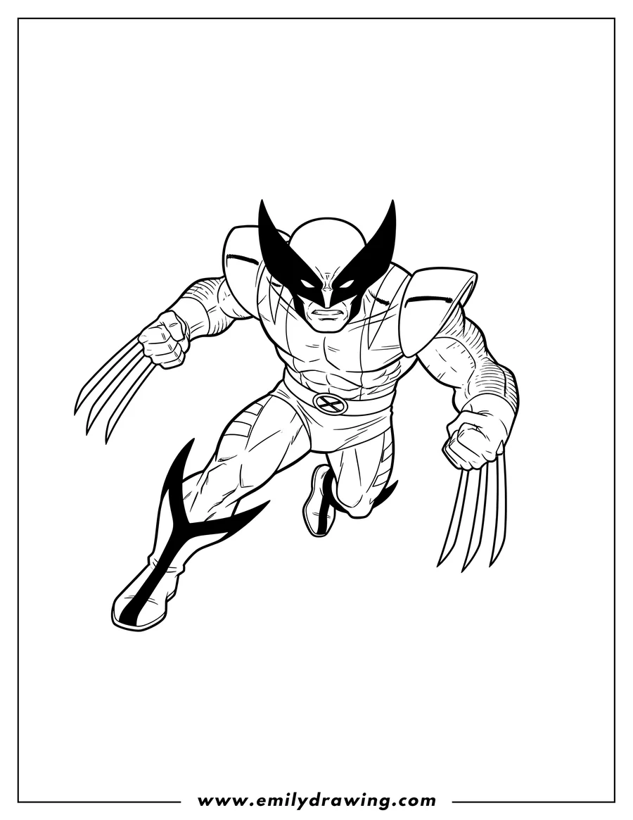 Doodle style coloring picture of wolverine lunging with claws extended