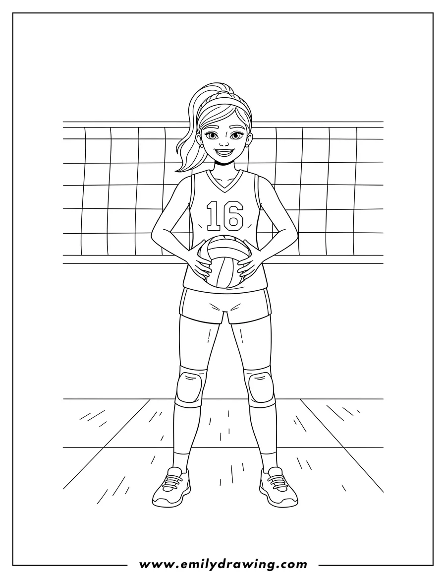 Vector style outline of easy Woman Volleyball Player Holding Ball, wearing jersey number 16 and knee pads